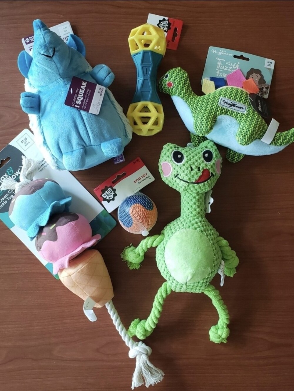 6 Dog Toys Chew Tug Squeak Crinkle Dino Frog Ice Cream Cone Ball Bone NEW